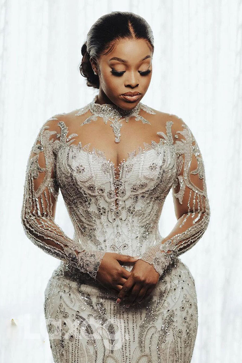 15557 - Illusion Sleeves Stunning Beaded Mermaid Wedding Dress