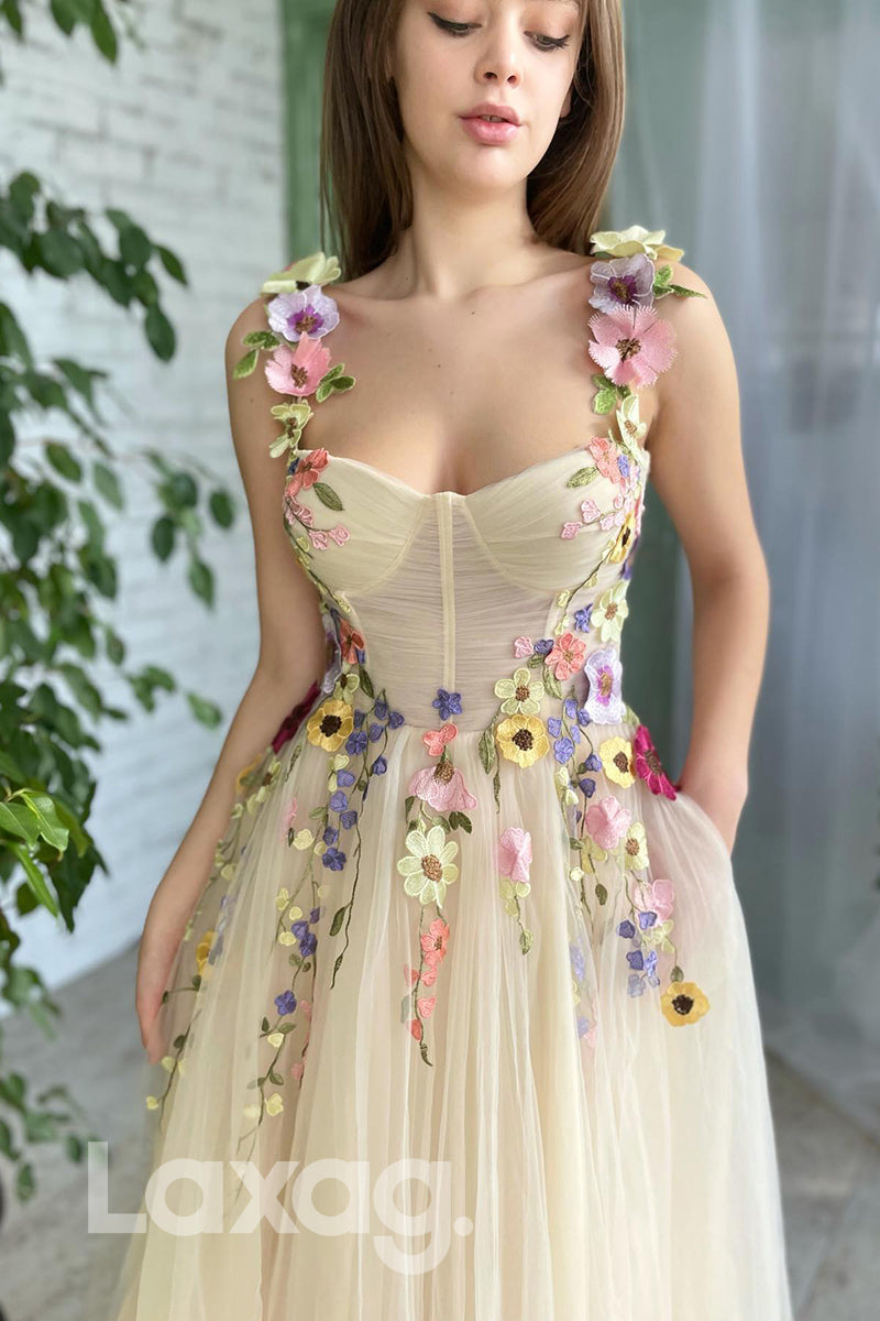 20788 - Sweetheart 3D Appliques Yellow Senior Prom Dress with Pockets|LAXAG