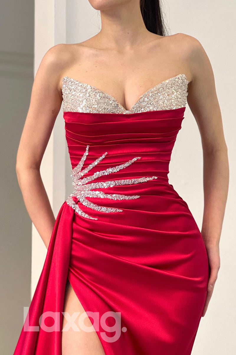 16821 - Sweetheart Thigh Slit Sequins Long Prom Dress