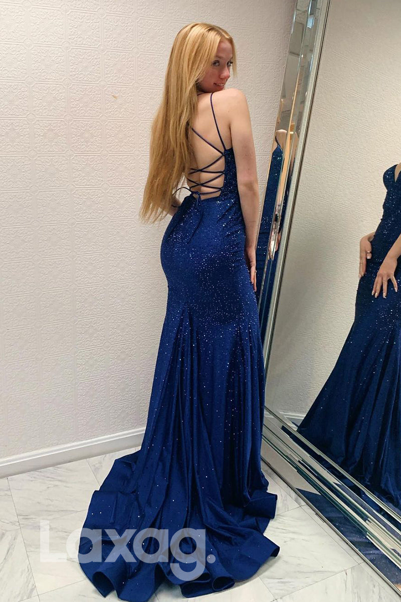 19784 - Women's Spaghetti Straps Beads Mermaid Prom Dress Glitter|LAXAG