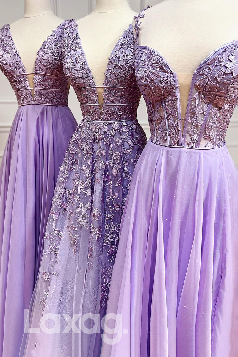 19795 - Plunging V-Neck Lace Appliques Lilac Prom Dress|LAXAG