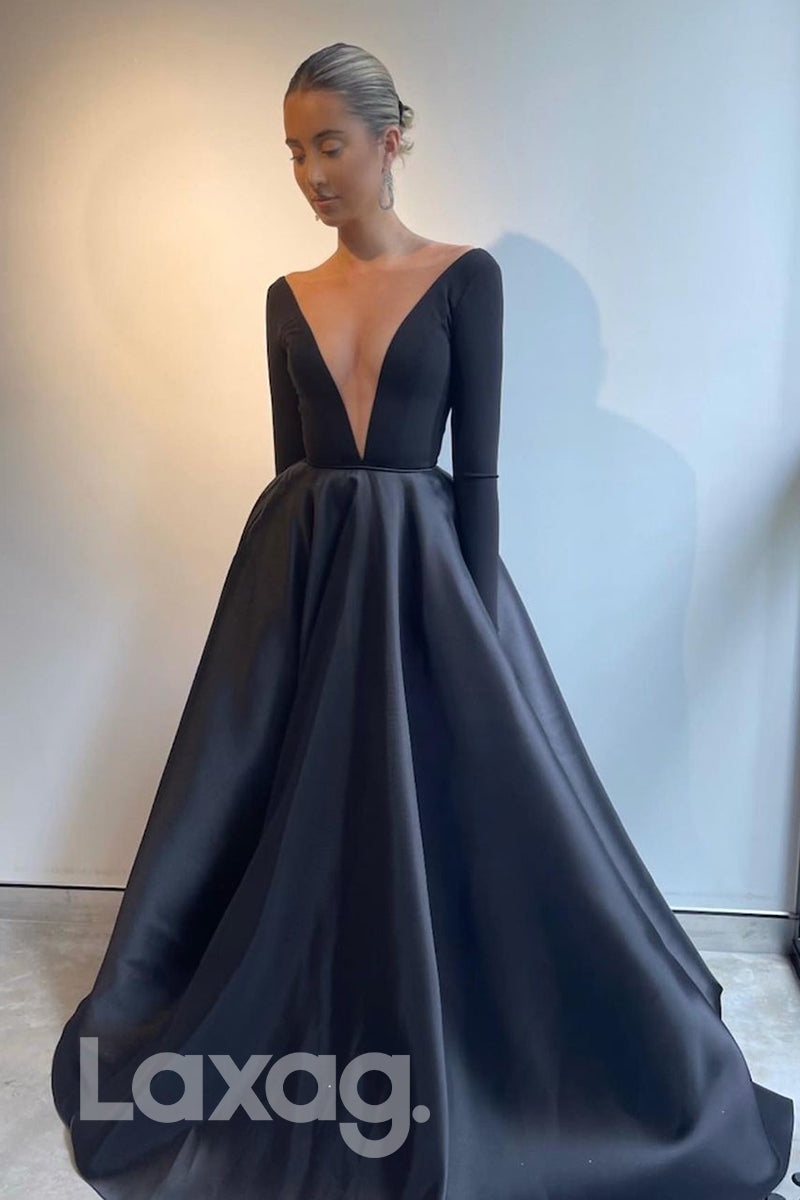 19798 - Attractive Deep V-Neck Long Sleeves Black Formal Evening Dress with Pokctes|LAXAG