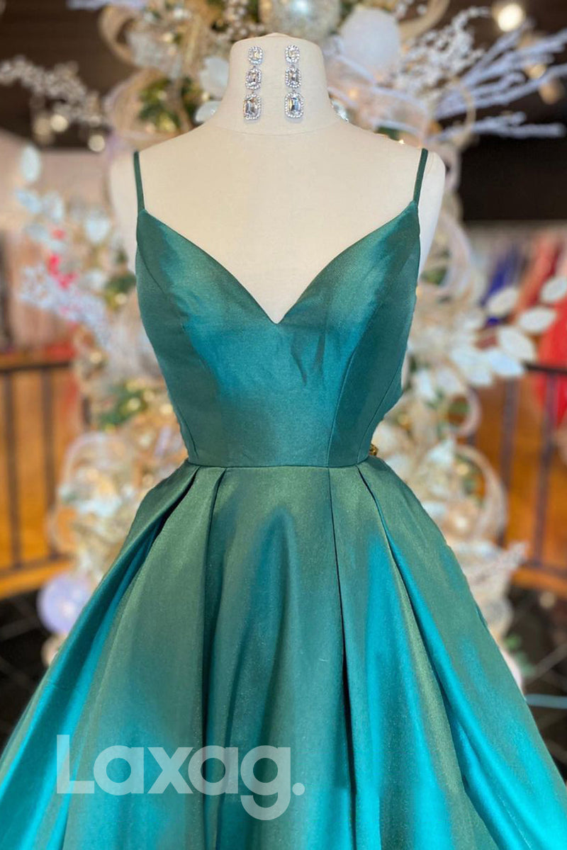 19799 - Women's Spaghetti Straps Satin Simple Prom Dress with Pockets|LAXAG