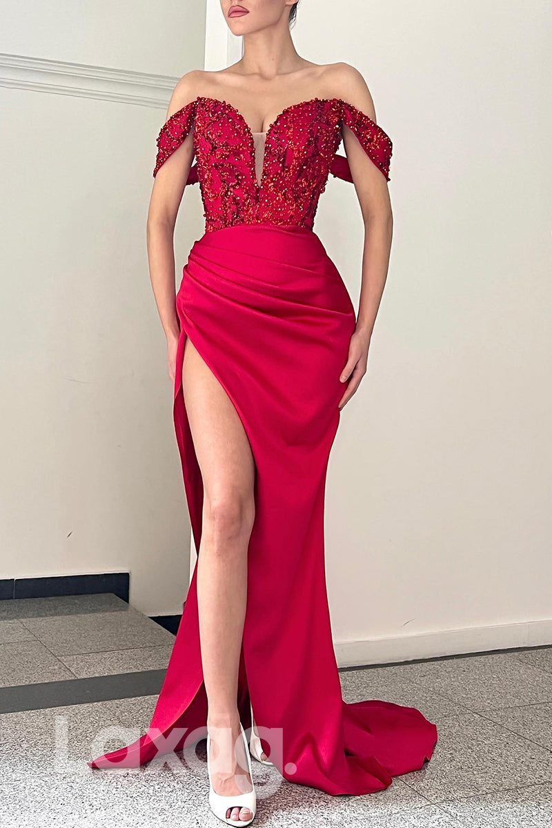 20709 - Off Shoulder Beaded Top Prom Dress with Slit Laxag 20709 - Off Shoulder Beaded Top Prom Dress with Slit Laxag