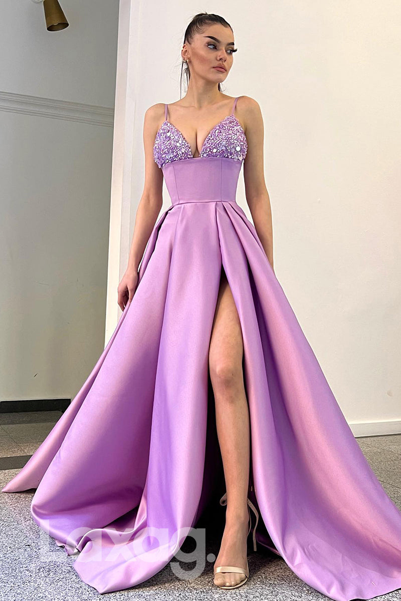 20711 - Spaghetti Sequined Neck Thigh Slit Long Lavender Prom Dress Laxag 20711 - Spaghetti Sequined Neck Thigh Slit Long Lavender Prom Dress Laxag