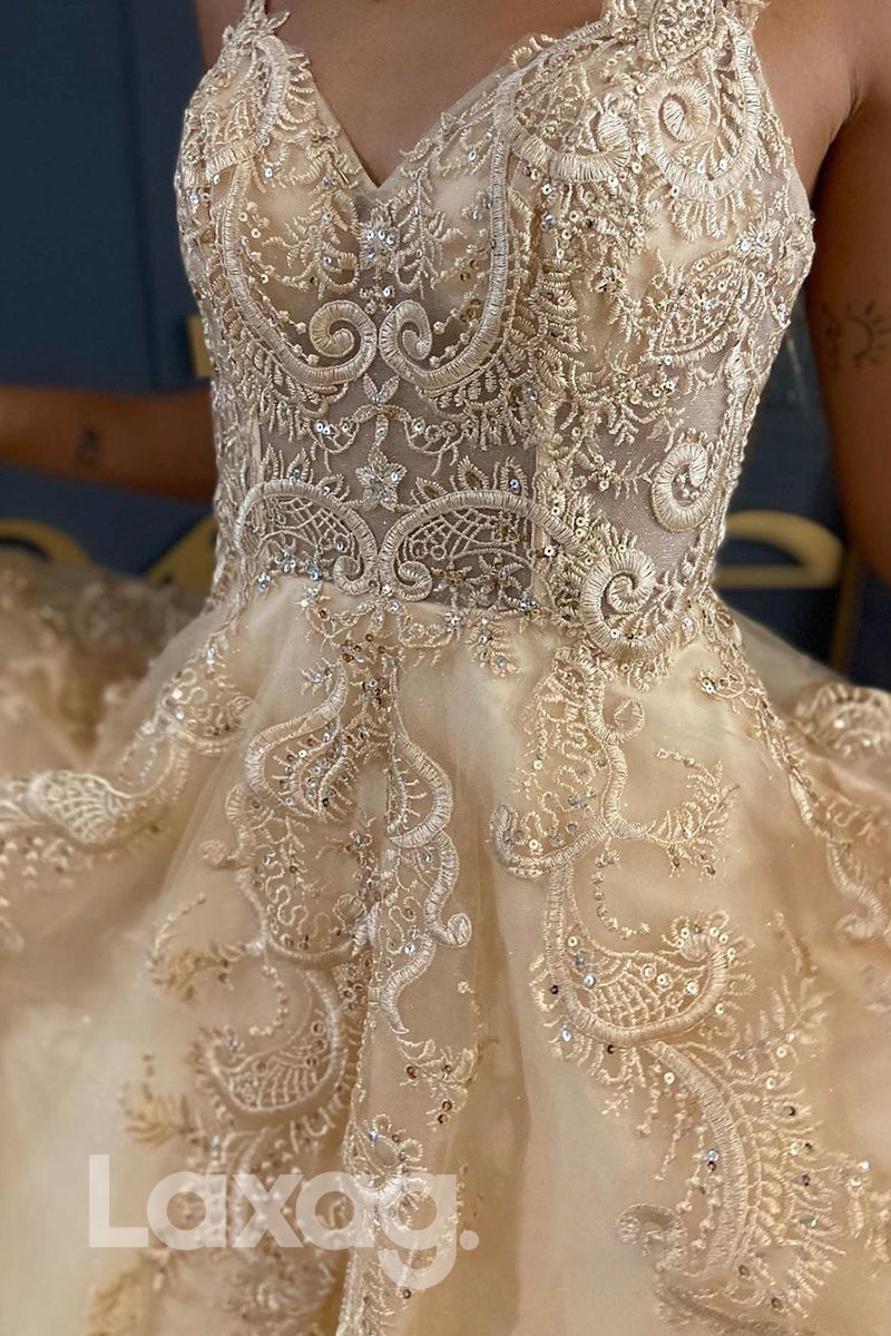 20718 - Spaghetti Straps Lace Appliques A-line Long Prom Dress|LAXAG