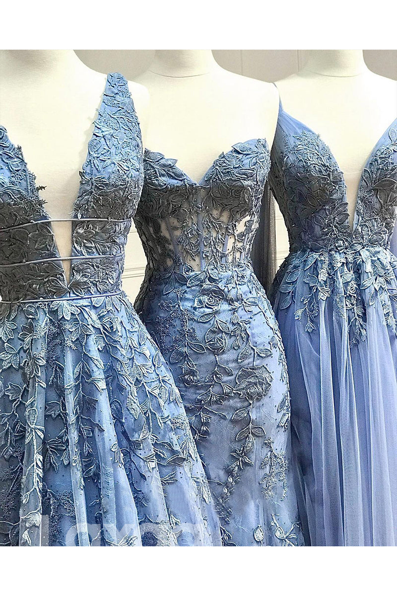 20719 - A-line Deep V-Neck Lace Appliques Lilac Prom Dress Long|LAXAG