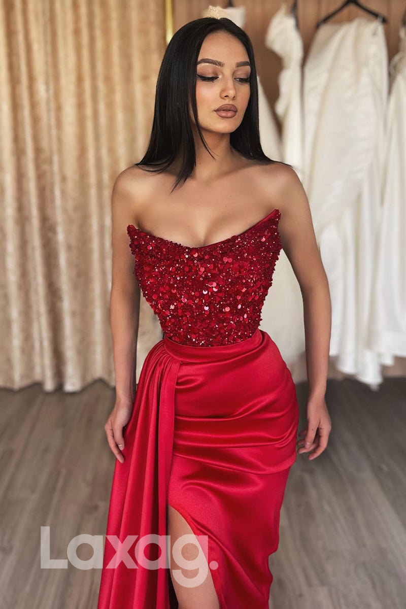 13786 -Strapless Sheath Glitter Sequined Top Evening Gown