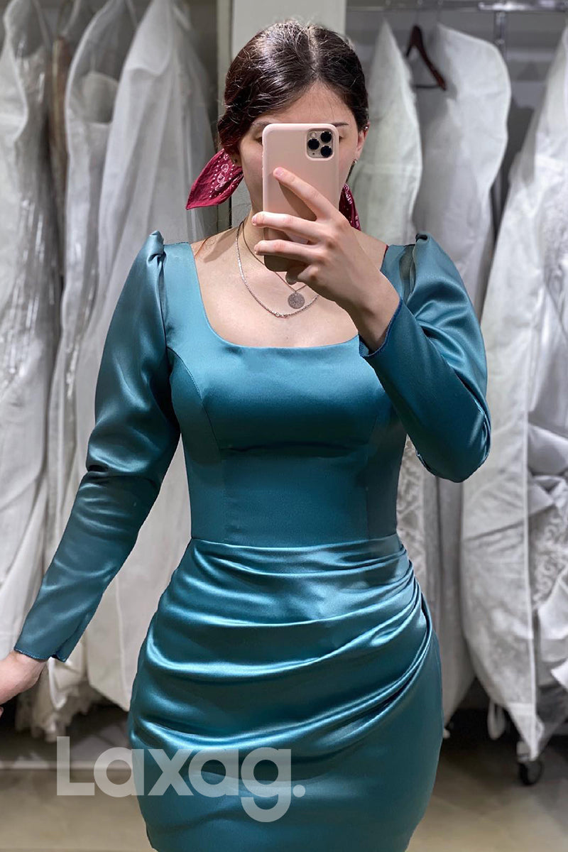 14746 - Scoop Neck Long Sleeves Pleated Prom Gown