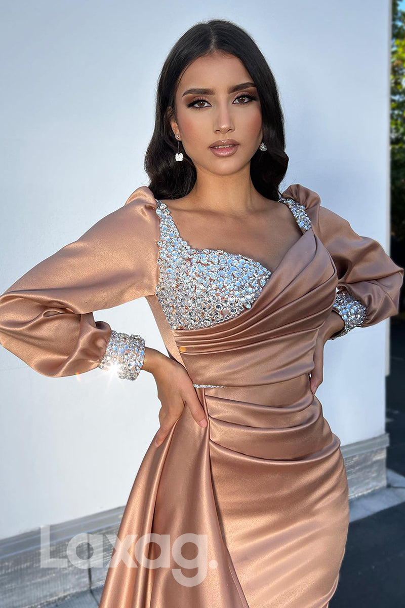 15776 - Long Sleeves Sweetheart Beaded Pleated Prom Dress