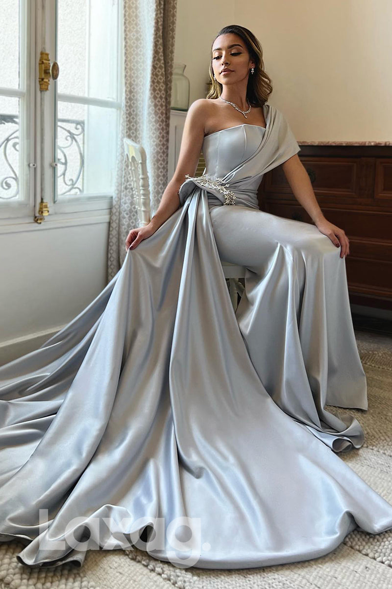 15777 - One Shoulder Pleated Beaded Waist Prom Evening Dress