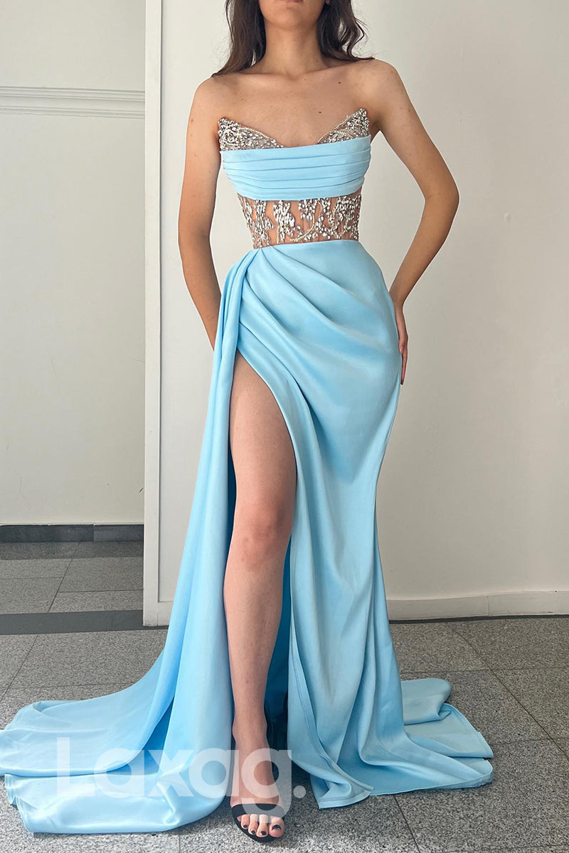 16719 - Strapless Beaded Pleated Thigh Slit Satin Prom Dress Laxag 16719 - Strapless Beaded Pleated Thigh Slit Satin Prom Dress Laxag