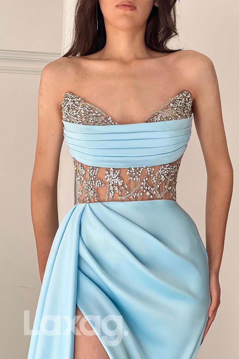 16719 - Strapless Beaded Pleated Thigh Slit Satin Prom Dress
