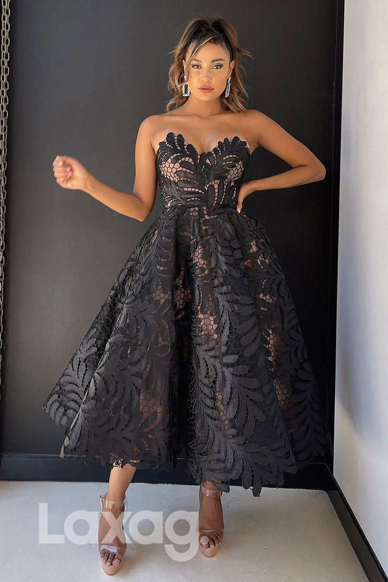 16778 - Sweetheart Tea Length Lace Party Prom Dress