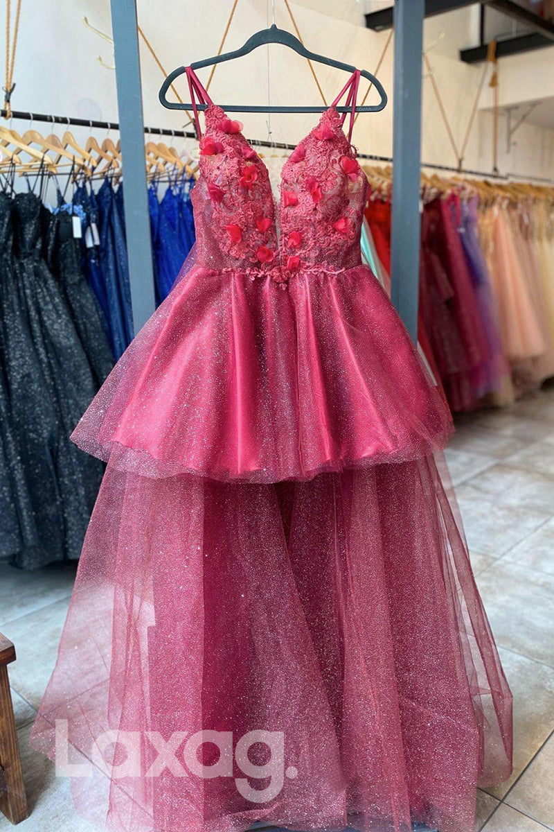 21758 - Plunging V-Neck 3D Appliques Burgundy Prom Dress