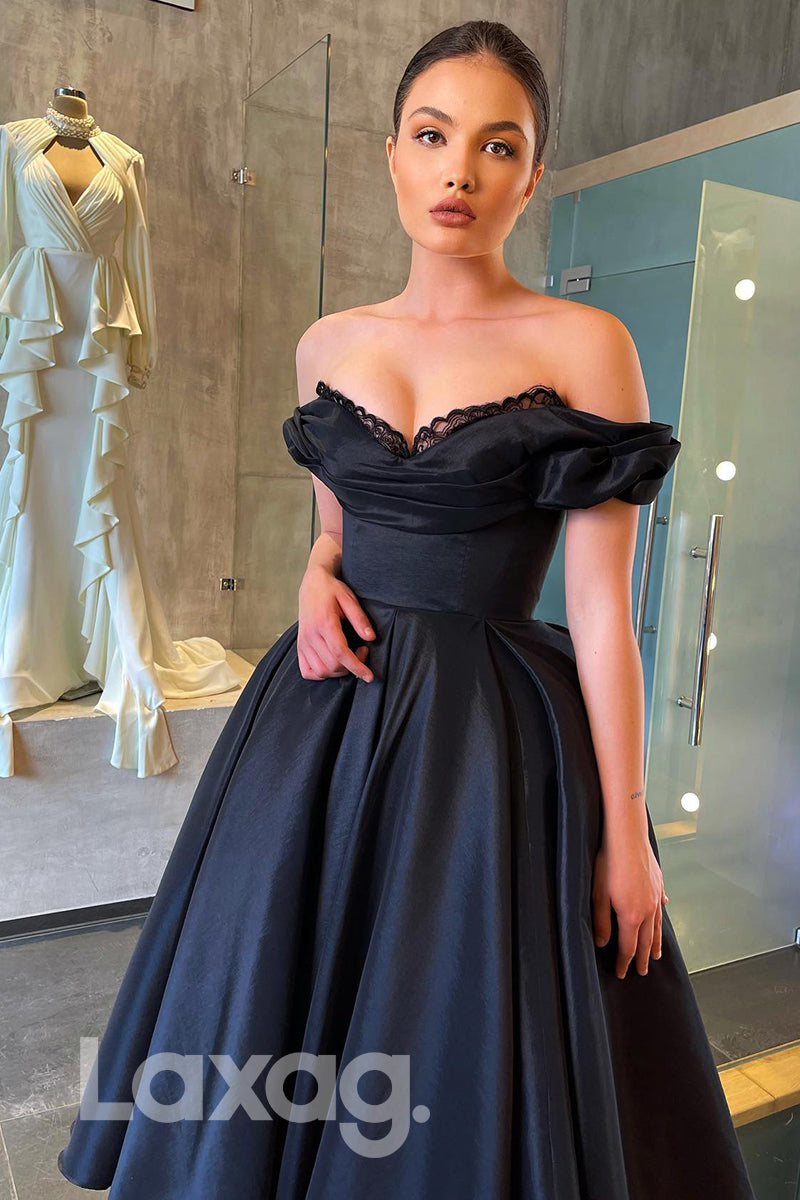 12759 - Off Shoulder Open Back A-Line Ankle Length Black Prom Dress
