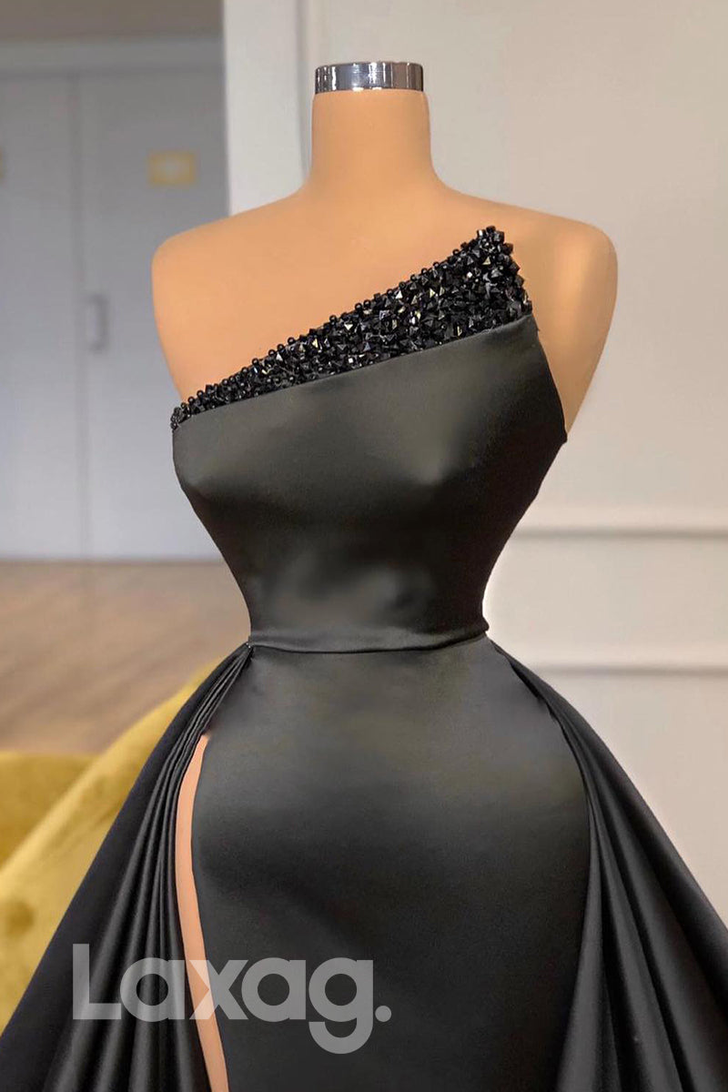 13729 - فستان سهرة بدون أكمام مزين بالخرز بتصميم A