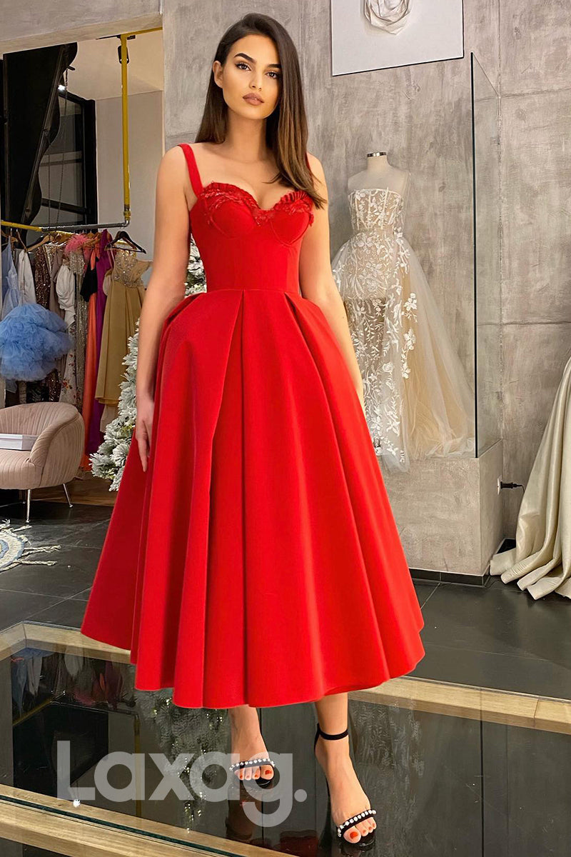 13758 - فستان أحمر بقصة A على شكل قلب وحمالات وتنورة متعددة الطبقات