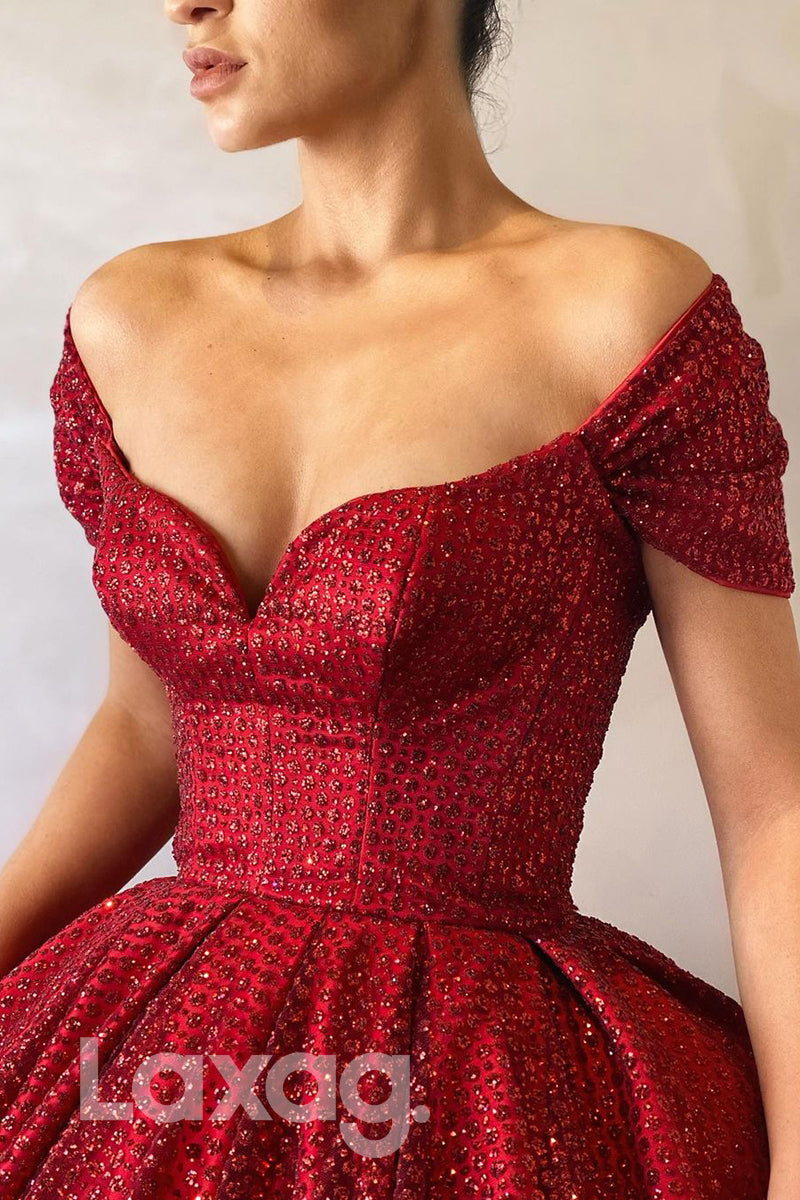 19752 - Cap Sleeves Sequins Burgundy Prom Ball Gown Glitter|LAXAG