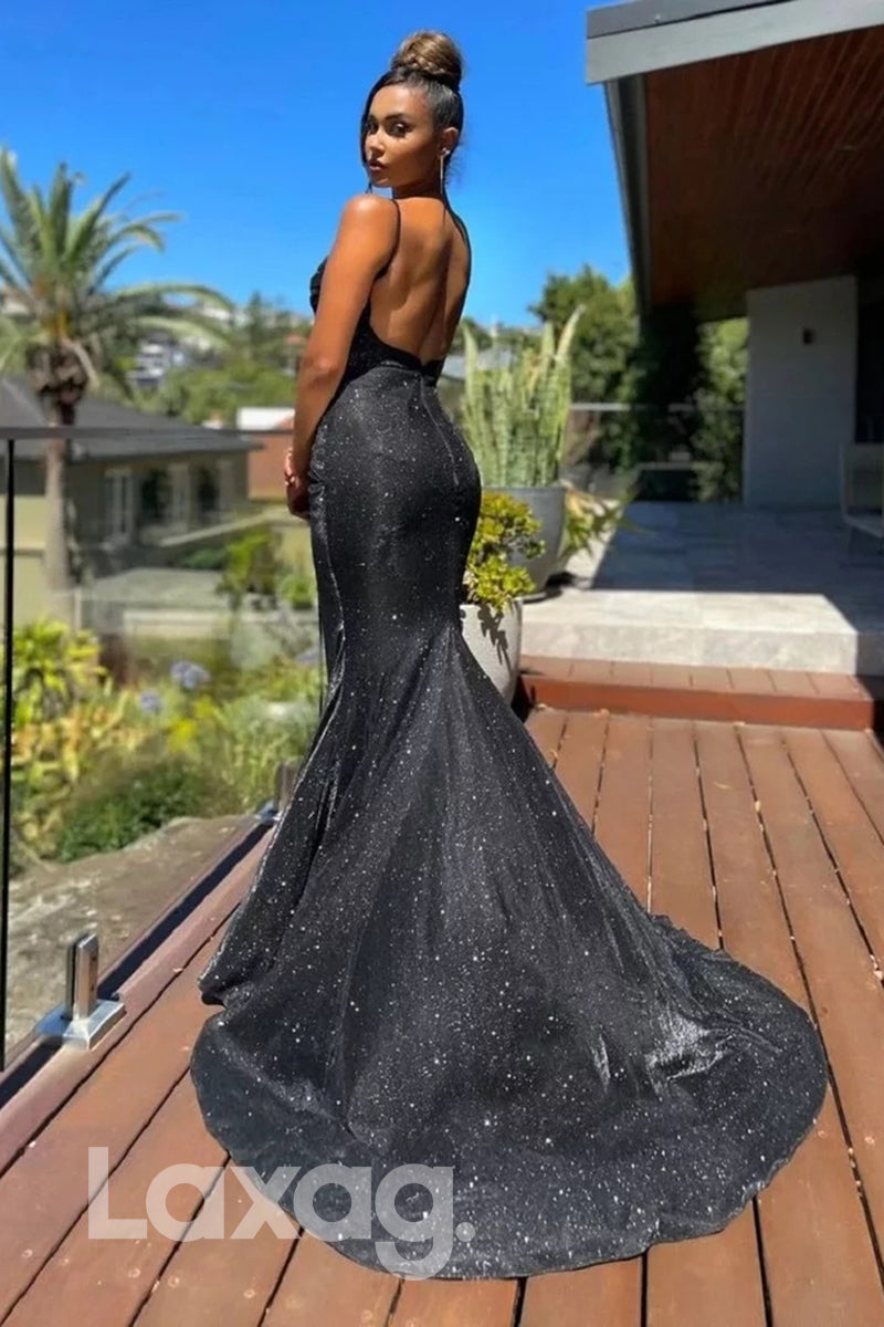 20720 - Women's Spaghetti Straps Pleats Sparkly Prom Dress|LAXAG