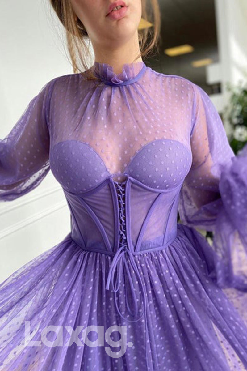 20731 - High Neck Tulle Long Sleeves Vintage Prom Dress with Pockets|LAXAG