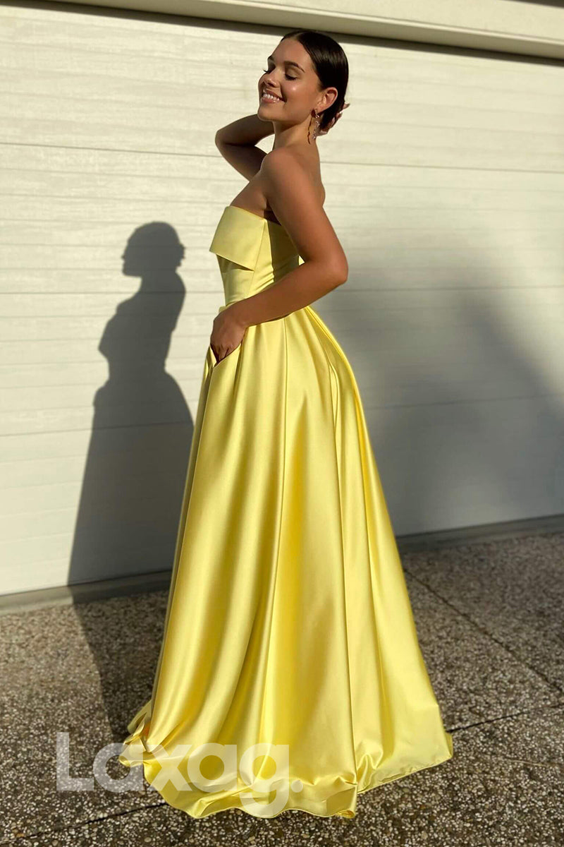21700 - Strapless Yellow Satin High Split Simple Prom Dress with Pockets|LAXAG