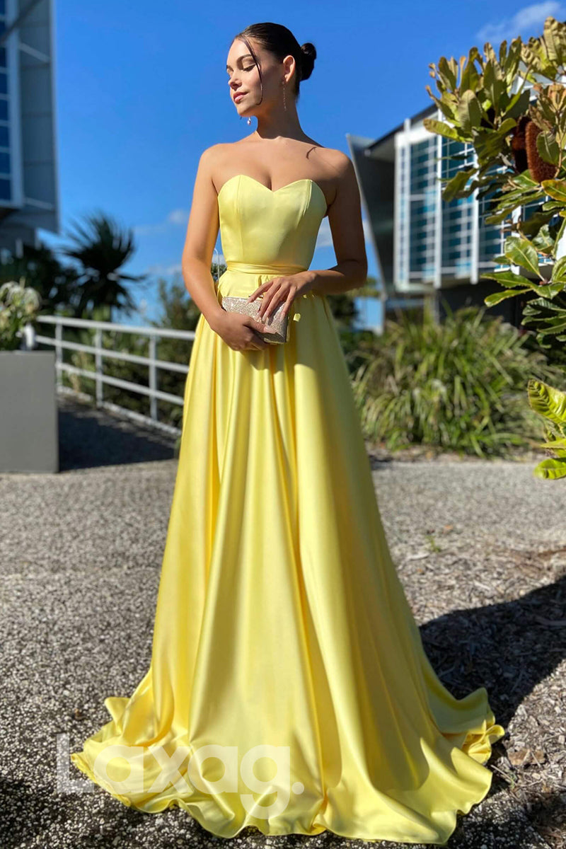 21703 - A-line Sweetheart Yellow Satin Cheap Prom Dress|laxag