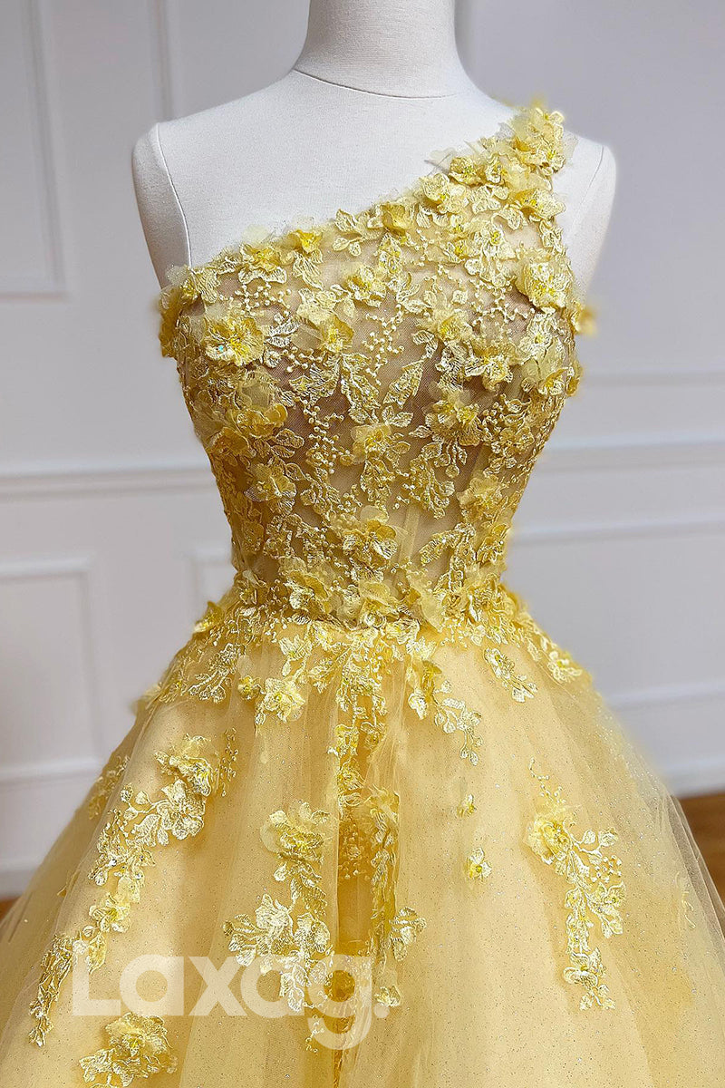 21708 - Unique One Shoulder 3D Appliques Yellow Prom Dress Long