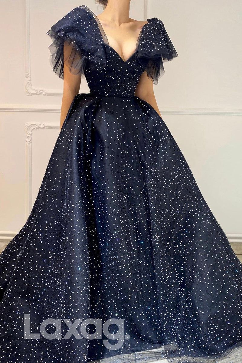 21714 - Sexy V-Neck A-line Short Sleeves Black Prom Dress|LAXAG