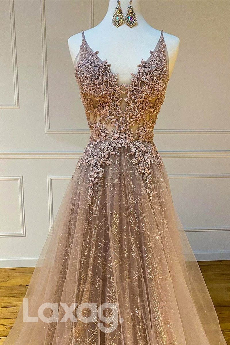 14706 - Metallic Glitter Illusion Cutout Lace Applique Tulle Gown - Laxag