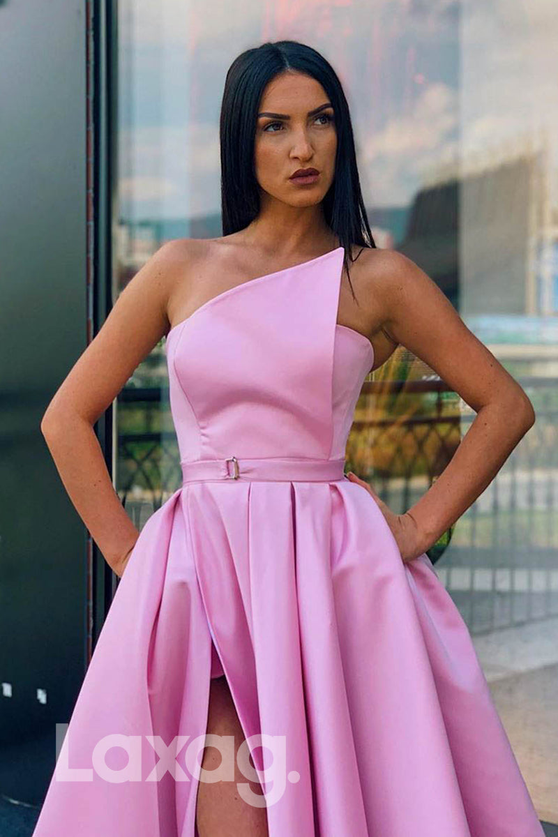 14715 - Asymmetrical Satin A-Line Pleated Dress With Slit - Laxag