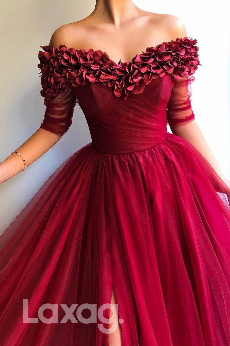 14732 - Embellished Off-Shoulder Pleated Short Sleeve Tulle Gown - Laxag