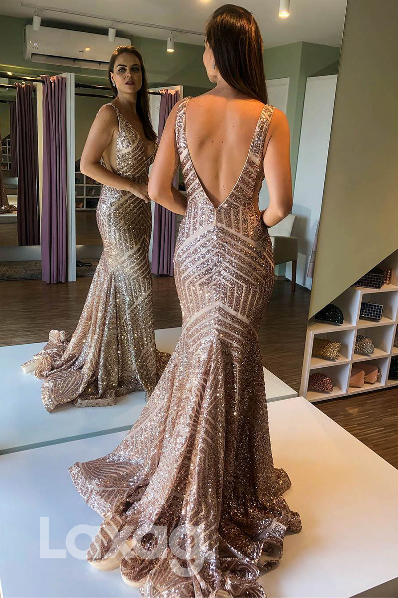 14770 - Fully Sequined Open V-Back Sleeveless Sheath Gown - Laxag