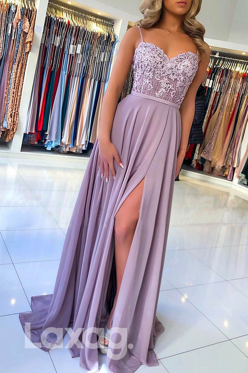 14776 - Lace Applique Sweetheart Fitted Dress With Slit - Laxag