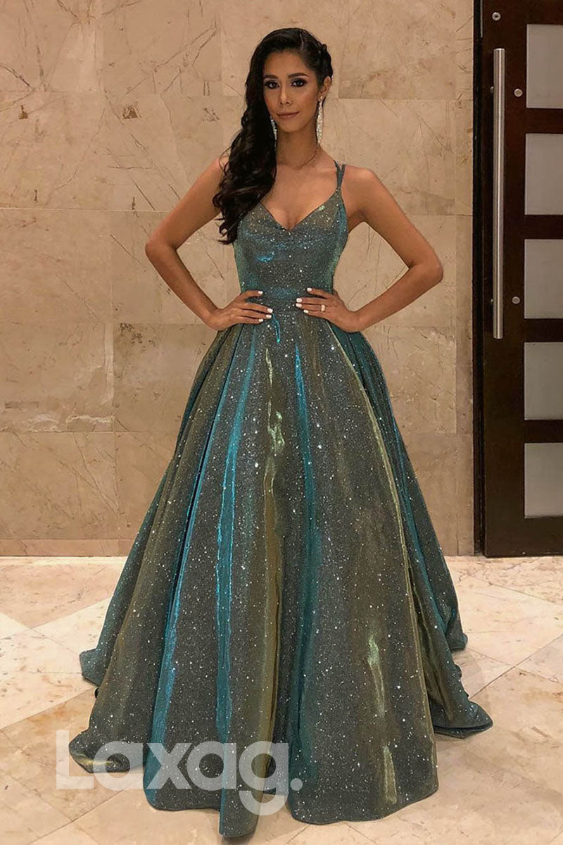 12763 - Crisscross Back V-Neck Glitter A-Line Ballgown Dress Laxag 12763 - Crisscross Back V-Neck Glitter A-Line Ballgown Dress Laxag