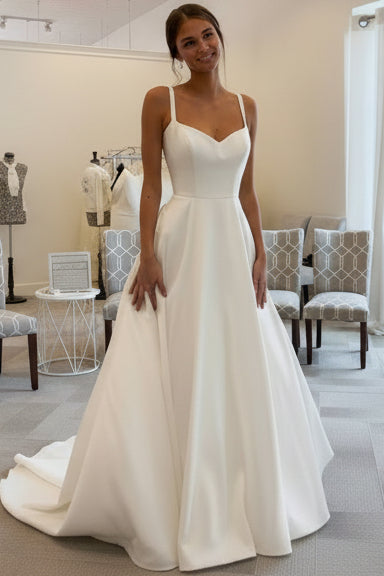 V-Neck Spaghetti Straps Sleeveless Satin Simple A-Line Wedding Dress with Train