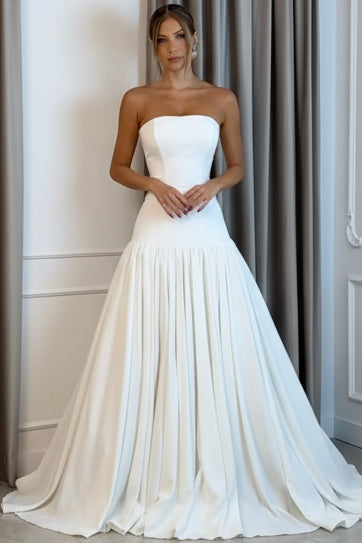 Tube Top Off-Shoulder Sleeveless Satin Pleated Train Simple A-Line Wedding Dress