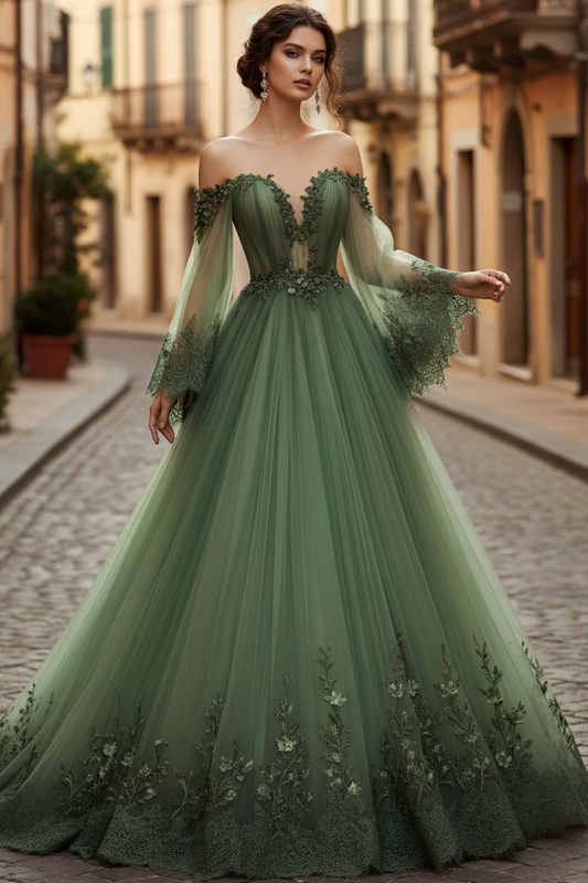 Plunging V-Neck Long-Sleeves Floral Embellished Applique Tulle Pleated A-Line Wedding Dress