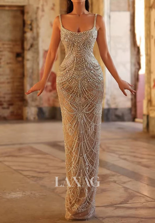 Scoop-Neck Spaghetti Straps Sleeveless Prom Dress Fully Sequined Beaded Mermaid Evening Gowns