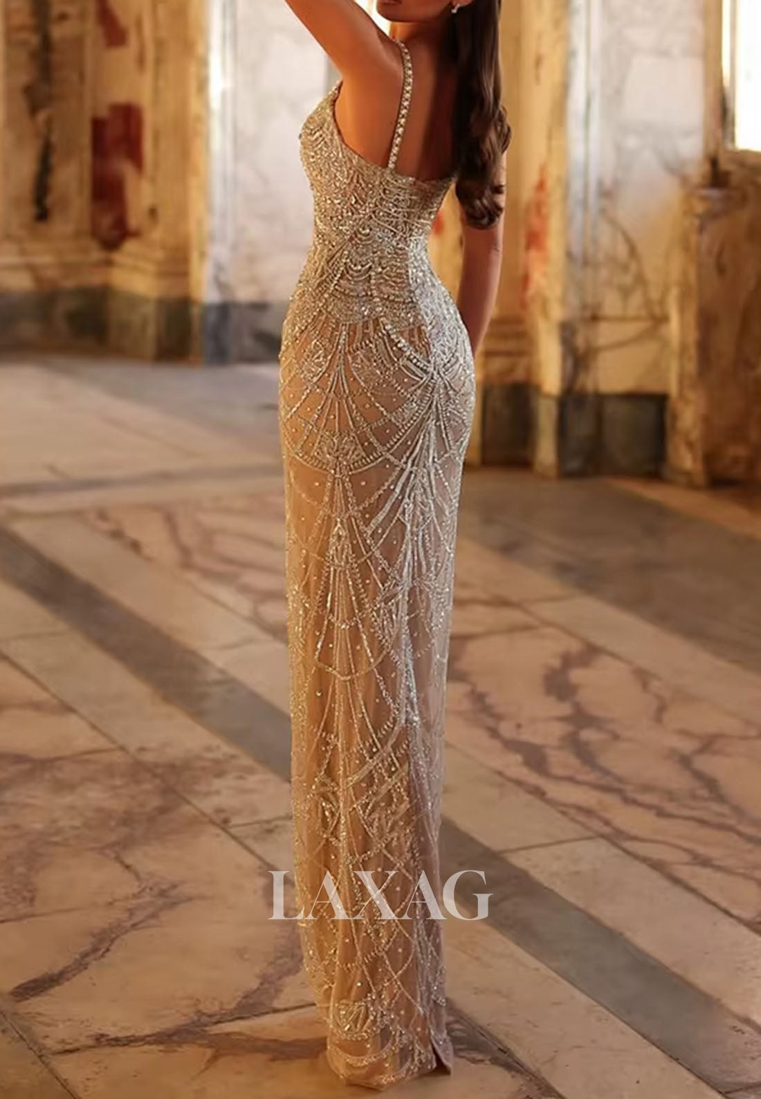 Scoop-Neck Spaghetti Straps Sleeveless Prom Dress Fully Sequined Beaded Mermaid Evening Gowns