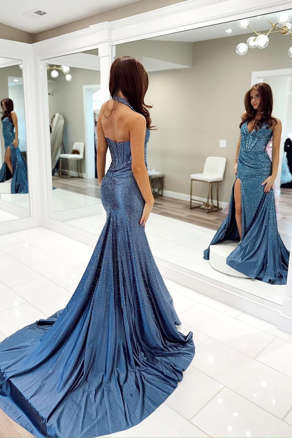 Halter V-Neck Beaded Long Mermaid Prom Dress Off-Shoulder Pleated Satin Sweep Train Party Gowns