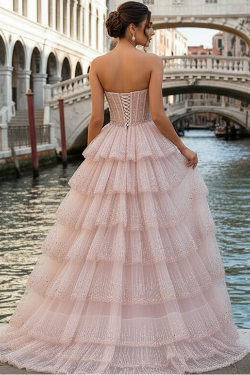 Off-Shoulder Sweetheart Sleeveless Fully Sequined Tulle Pleated Ruffled Tiered A-Line Prom Dress
