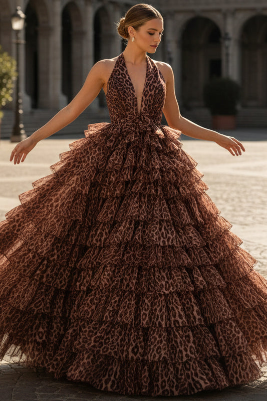 Halter Deep V-Neck Sleeveless Print-Chiffon Pleated Ruffled Tiered A-Line Prom Dress