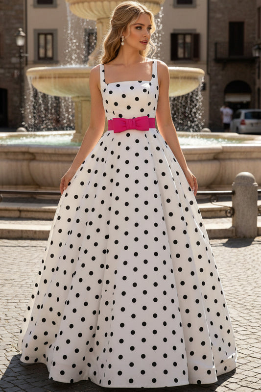 Square-Neck Straps Sleeveless Floor-Length Polka Dot Satin Pleated A-Line Prom Dress with Bow