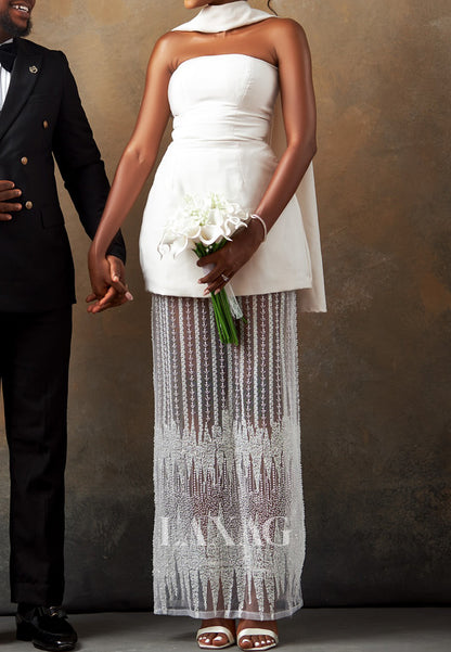 Tube Top Sleeveless Beaded Satin&Tulle Pleated Ankle-Length Fitted Wedding Dress