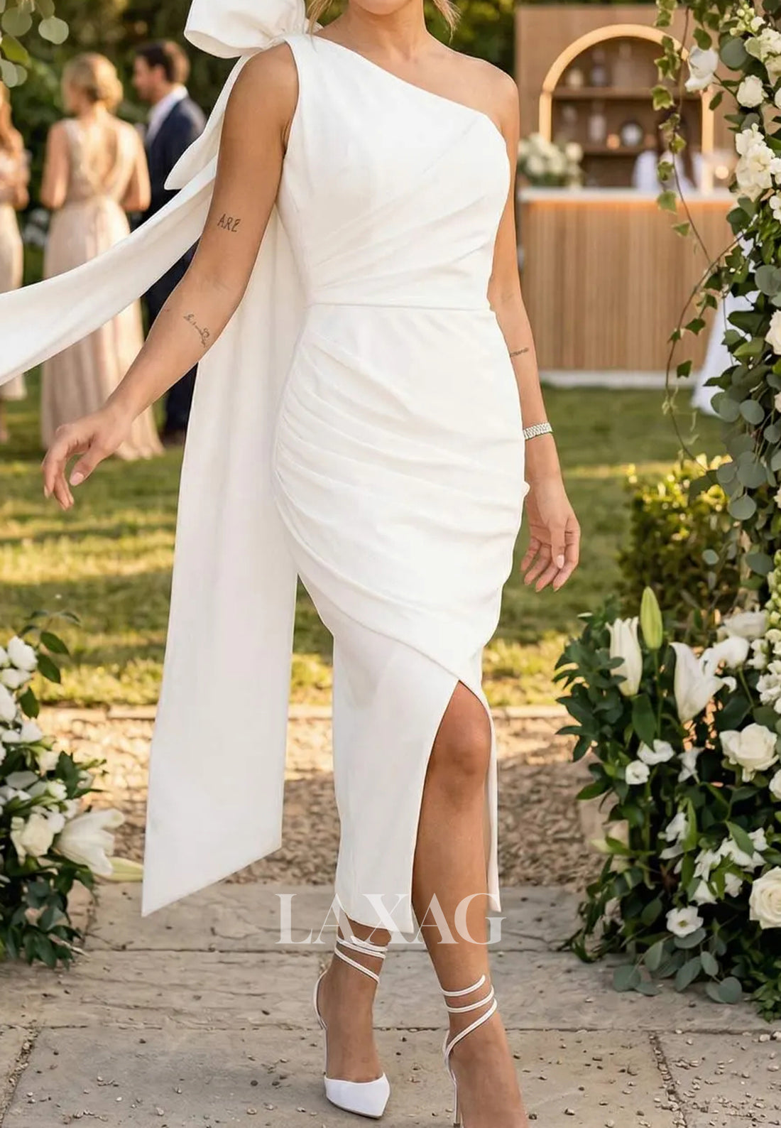Asymmetrical-Neck Sleeveless Tea-Length Satin Simple Mermaid Wedding Dress with Big Bow