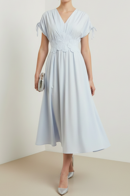 V-Neck Cap-Sleeves Tea-Length Chiffon Pleated A-Line Mother of the Bride Dress