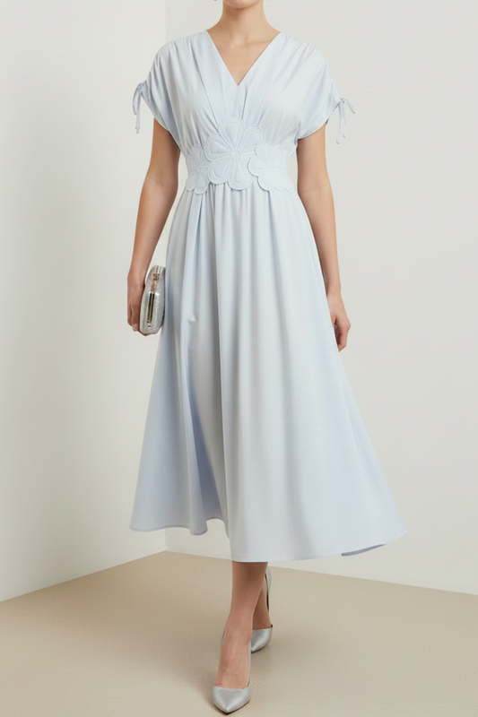 V-Neck Cap-Sleeves Tea-Length Chiffon Pleated A-Line Mother of the Bride Dress