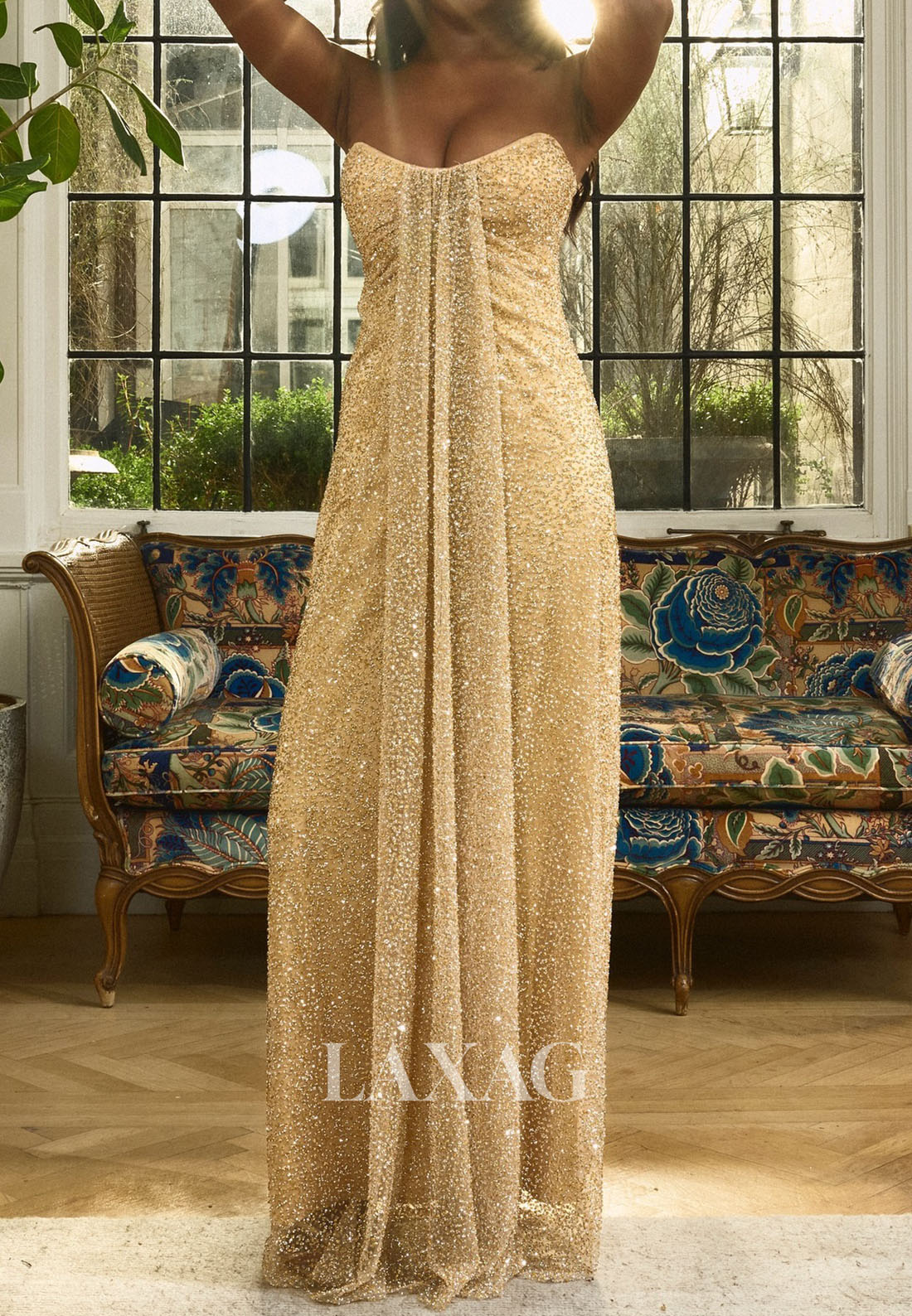 Scoop-Neck Sleeveless Fitted Prom Dress Off-Shoulder Fully Beaded Pleated Party Gowns