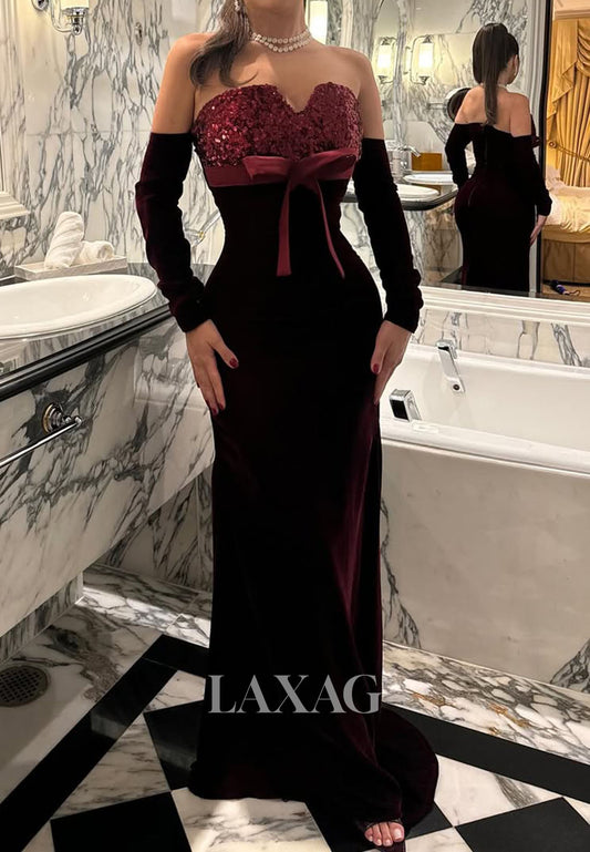 Sweetheart Sequined Pleated Satin Mermaid Evening Dress Off-Shoulder Long-Sleeves Formal Gowns